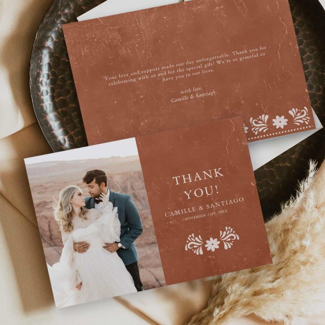 Rustik Terrakotta Foto Tacksamhetskort Tack Kort (Rustic Terracotta Wedding Photo Thank you card)