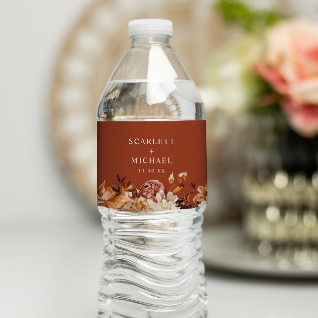 Rustik Terrakotta Höst Vattenflaska Etikett (Rustic Terracotta Fall Floral Water Bottle Label by Painted Paperie
)