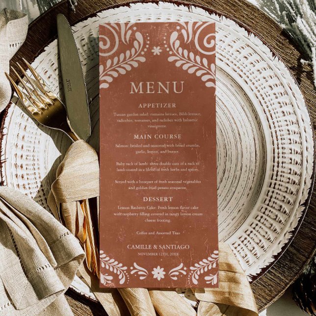 Rustik Terrakotta Mexiko Meny Kort (Terracotta Talavera Wedding Menu Card)