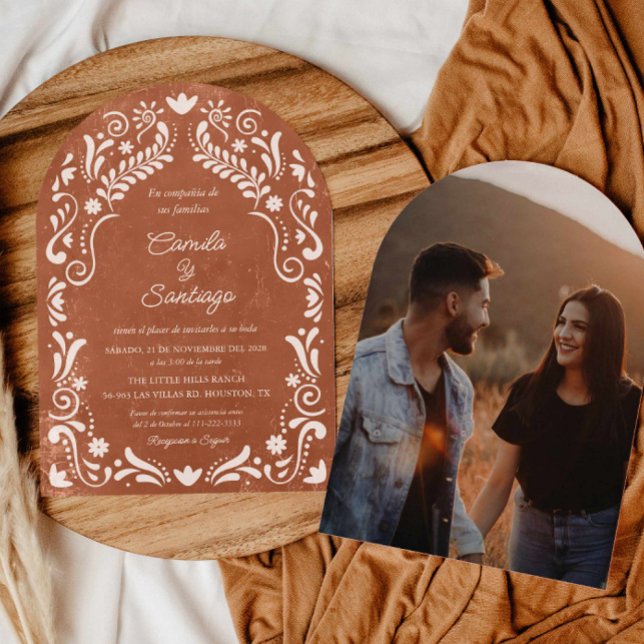 Rustik Terrakotta Spansk Foto Båge Bröllop Inbjudningar (Terracotta Talavera Mexican Arch Photo Wedding Invitation)