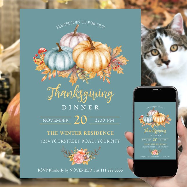 Rustik Thanksgiving blommigt pumpor blått Inbjudningar (Rustic colorful blue Thanksgiving dinner invitation pumpkins)
