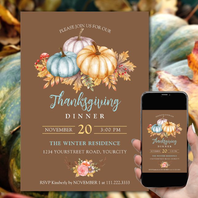 Rustik Thanksgiving blommigt pumpor brun blått blå Inbjudningar (Thanksgiving dinner invitations fall colors pumpkins leaves rustic brown blue yellow color)
