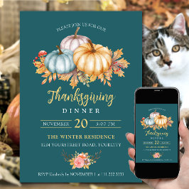 Rustik Thanksgiving blommigt pumpor teal Inbjudningar