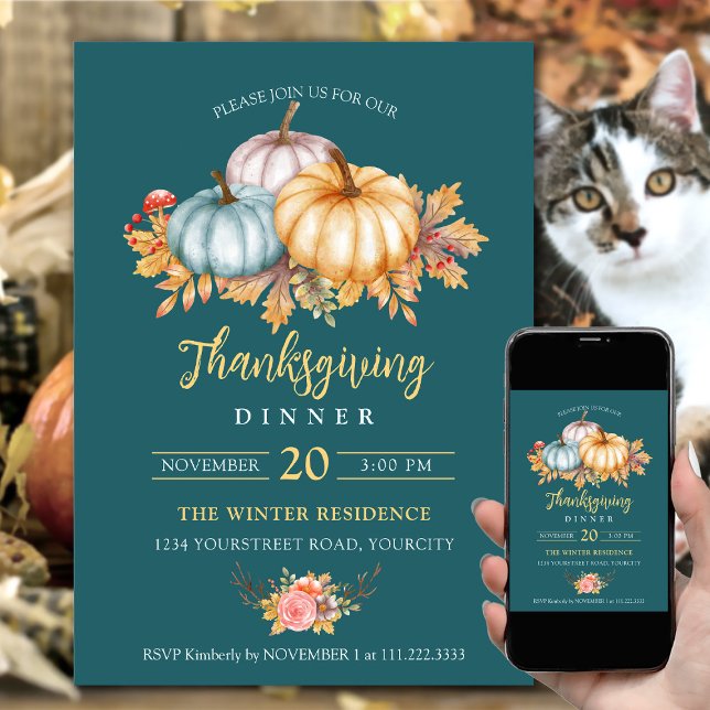 Rustik Thanksgiving blommigt pumpor teal Inbjudningar (Thanksgiving dinner invitations fall colors pumpkins leaves rustic teal yellow color)