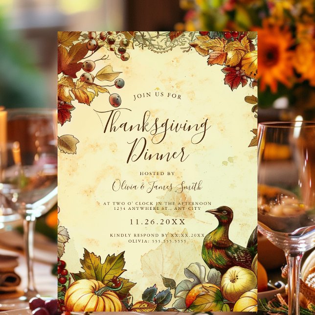 Rustik Thanksgiving Middag Inbjudningar (GPT
An autumn-themed Thanksgiving invite with elegant script, pumpkins, and fall leaves.)