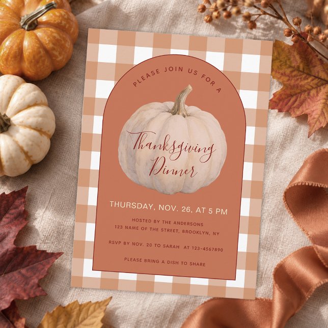 Rustik Thanksgiving-middag Pumpa & Brun Gingham Inbjudningar (Skapare uppladdad)