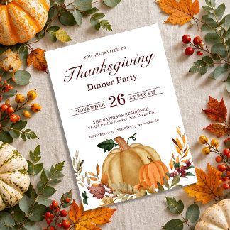 Rustik Thanksgiving-middag Pumpa Höstlöv Inbjudningar