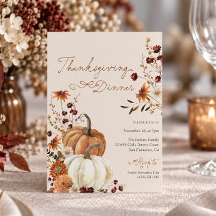 Rustik Thanksgiving-middag Pumpkin Floral Inbjudningar