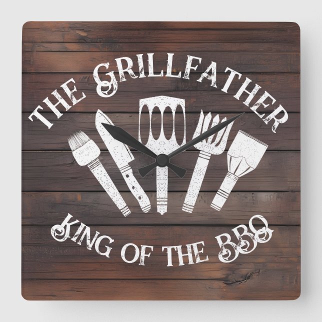 Rustik "The Grillfather: Roligt BBQ-present Fyrkantig Klocka (Framsida)