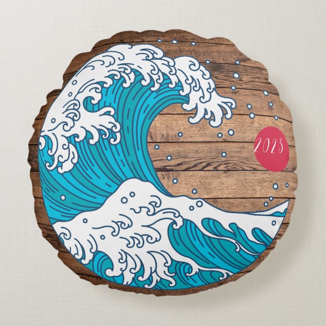 Rustik titel Wave och Sol - Anpassningsbarna Namn Rund Kudde (Framsidan)
