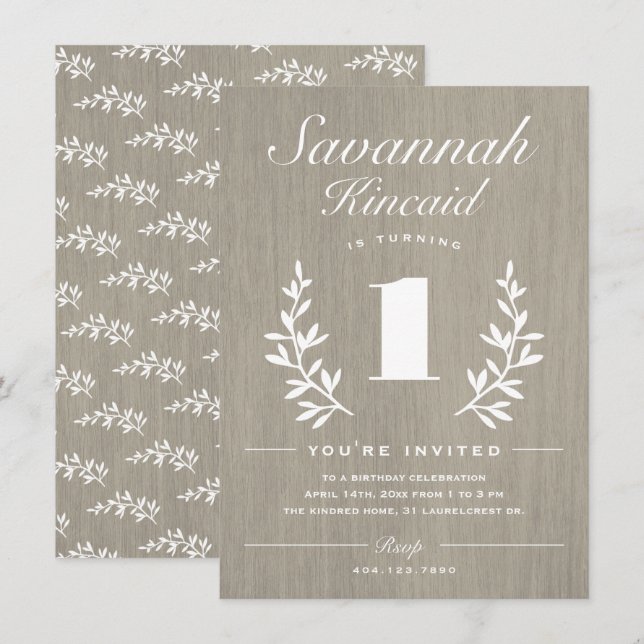 Rustik Trä 1-årsfest Inbjudningar (Fram/baksida)