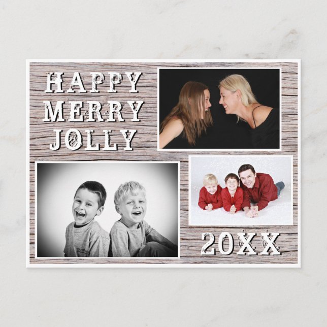 Rustik Trä 3 Foto Collage Familj Holiday Kort (Framsida)
