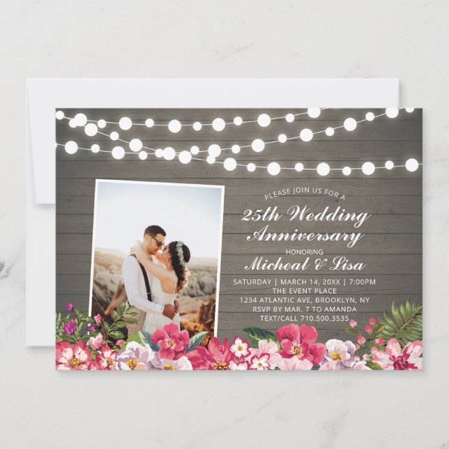 Rustik Trä 40-års Fotobryllopsjubileum Inbjudningar (Framsida)