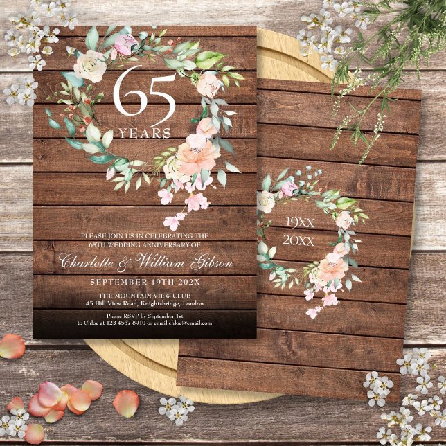 Rustik Trä 45-års 65-års Bröllopsdag Blommig Inbjudningar (Rustic Wood 45th 65th Wedding Anniversary Floral Invitation)