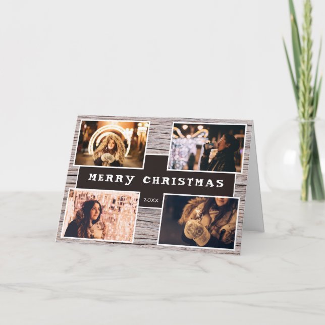 Rustik Trä 4 Foto Collage Jul Helgkort (Framsida)