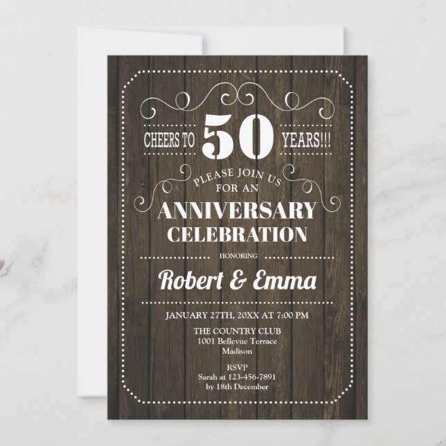 Rustik Trä 50-års Bröllopsjubileum Fest Inbjudningar (Framsida)