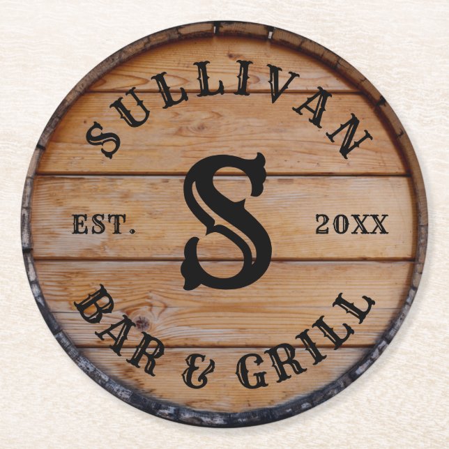Rustik Trä Anpassad Familjenamn Förnamn Initialer Underlägg Papper Rund (Framsidan)