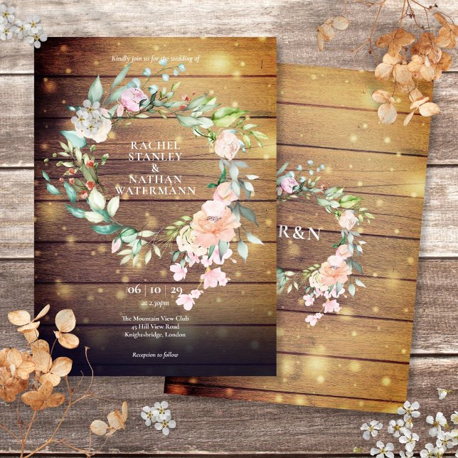 Rustik Trä Aquarell Grönska Blommig Bröllop Inbjudningar (Rustic Wood Watercolor Greenery Floral Wedding Invitation)