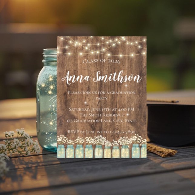 Rustik Trä Baby's Breath Murkla Glas Examenspresen Inbjudningar (Rustic wood and teal mason jar graduation invitation with white baby's breath and string lights. )