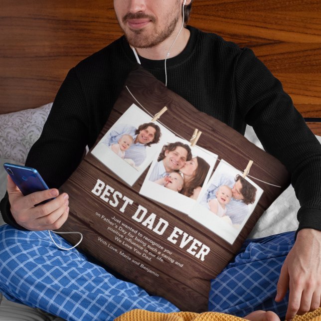 Rustik Trä Bästa Pappa Någon Gång 3 Fotoskylt Kudde (Skapare uppladdad)