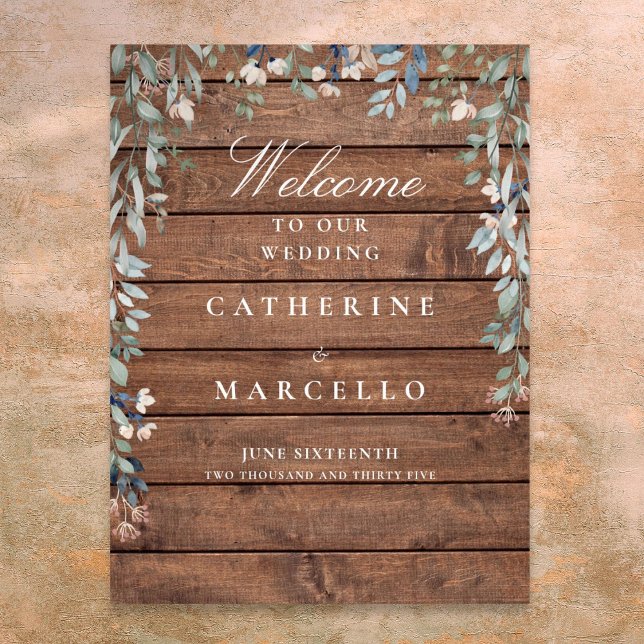Rustik Trä Blommig Kaskad Bröllops Välkomstskylt Poster (Rustic Wood Floral Cascade Wedding Welcome Sign)