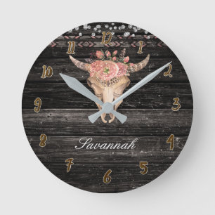 Rustik Trä Blommig Kowskalle Horn Blommig Boho Rund Klocka