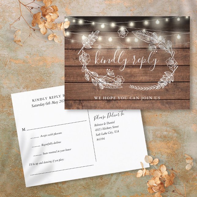 Rustik Trä Blommig Sångförfrågan RSVP-kort Inbjudan Vykort (Rustic Wood Floral Song Request RSVP Card)