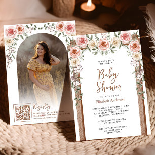 Rustik Trä Boho Blommig Fotoduk Baby Shower Inbjudningar