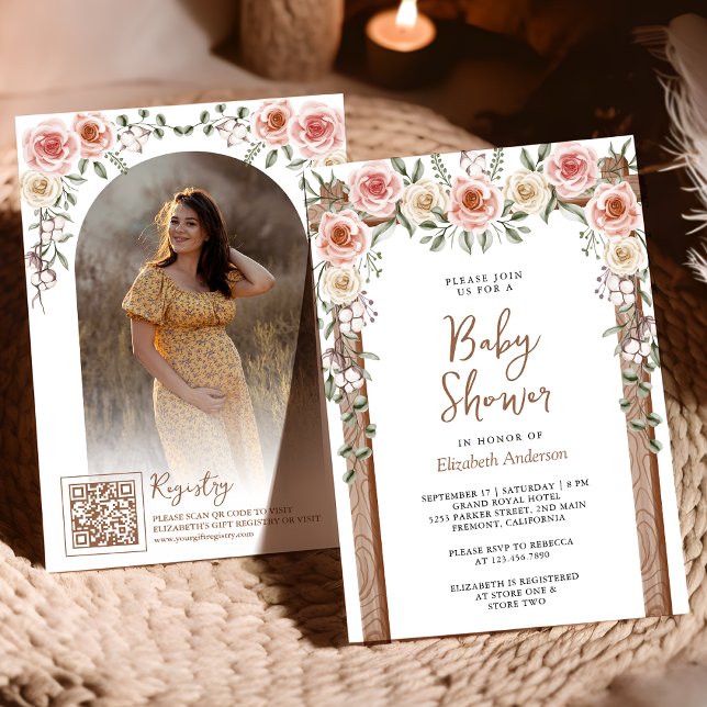 Rustik Trä Boho Blommig Fotoduk Baby Shower Inbjudningar (Skapare uppladdad)