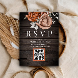 Rustik Trä Bränd Orange Ros QR-kod RSVP Bröllop Tilläggskort