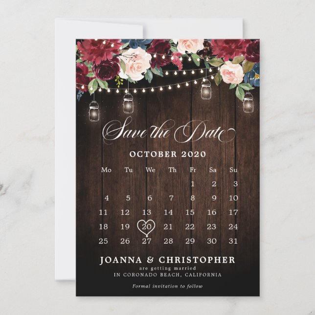 Rustik Trä Burgunder Blommig Murarvas Kalender Spara Datumet (Framsida)