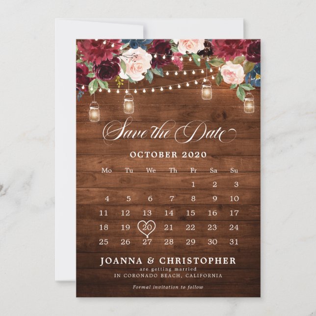 Rustik Trä Burgunderröd Blommig Murarvas Kalender Spara Datumet (Framsida)