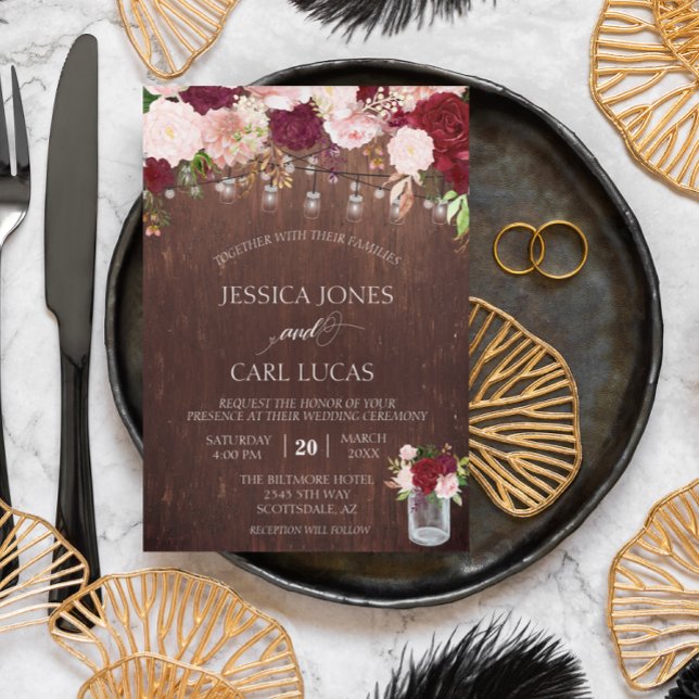 Rustik Trä Burgundy Rosenröda Rosor Murarburk Inbjudningar (Skapare uppladdad)