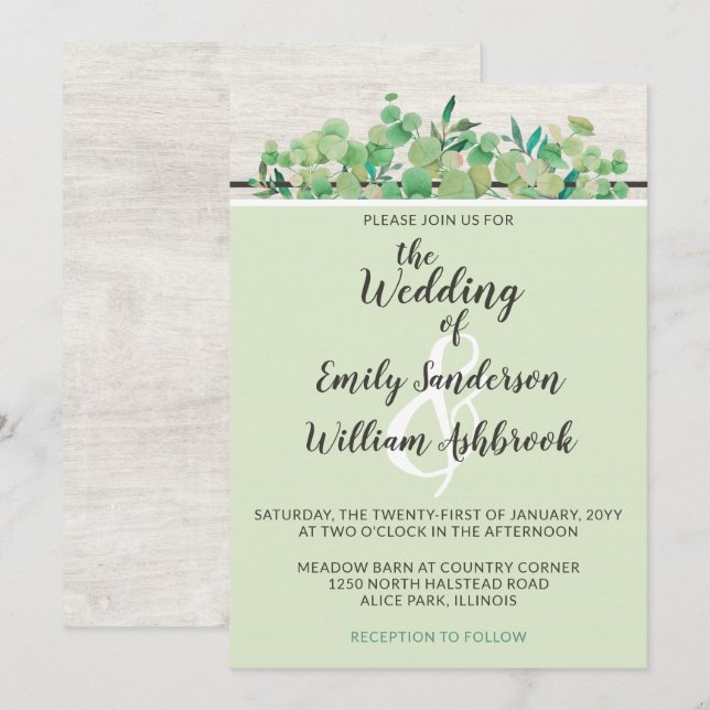 Rustik Trä & Eukalyptusblad Botanisk Bröllopsfest Inbjudningar (Fram/baksida)