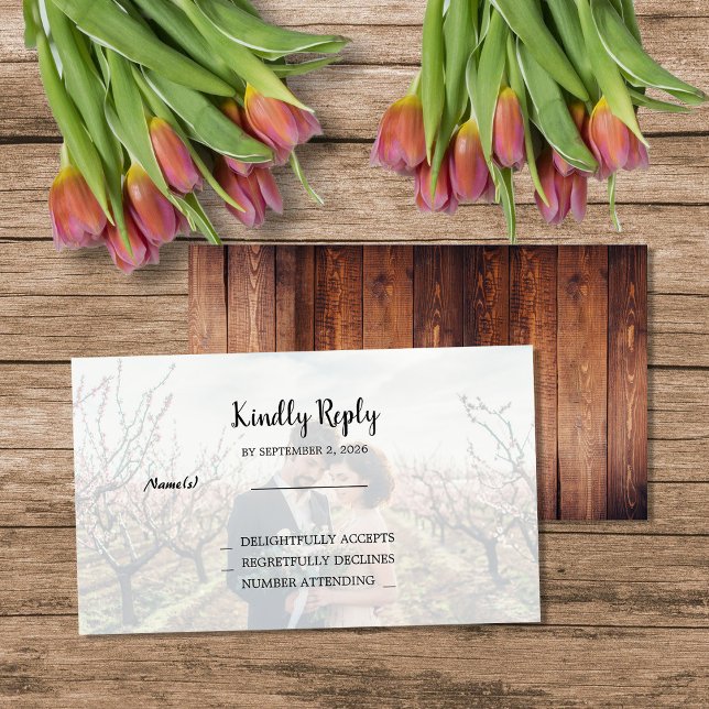 Rustik trä foto Bröllopsbudget RSVP Tilläggskort (Rustic wood photo Wedding budget RSVP Enclosure Card. For your rustic country wedding,)