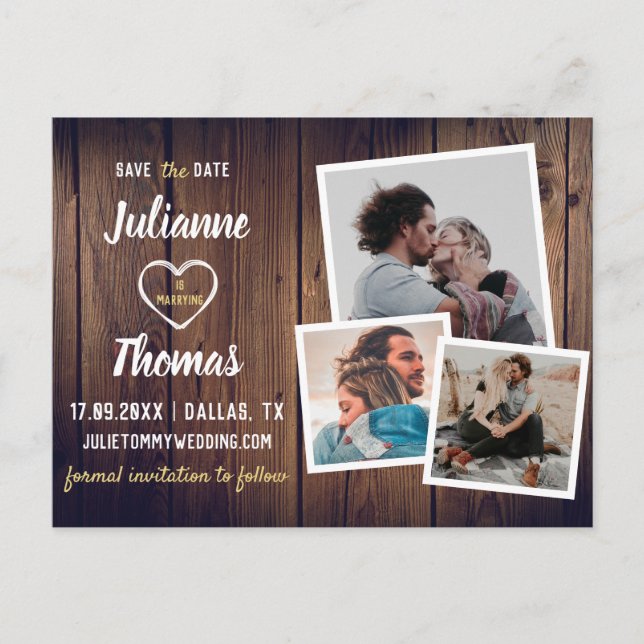 Rustik Trä Foto Collage Budget Bröllop Meddelande Vykort (Framsida)