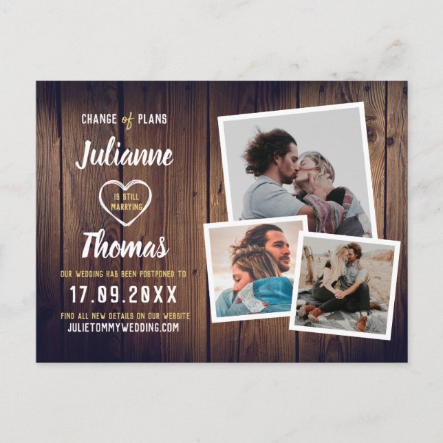 Rustik Trä Foto Collage Elegant Ändring av Planer Meddelande Vykort (Framsida)