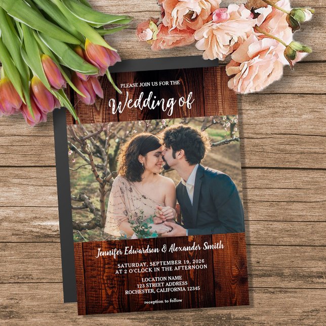Rustik trä foto landlig bröllop magnetisk kort (Rustic wood photo country wedding magnetic invitation. You can add your own photo and text.)