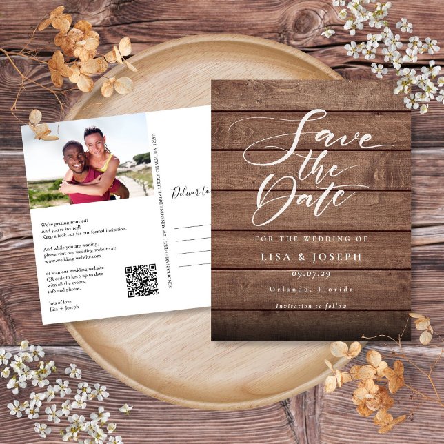 Rustik Trä Foto QR-kod Spara Datumet Vykort (Rustic Wood Photo QR Code Save the Date Postcard)