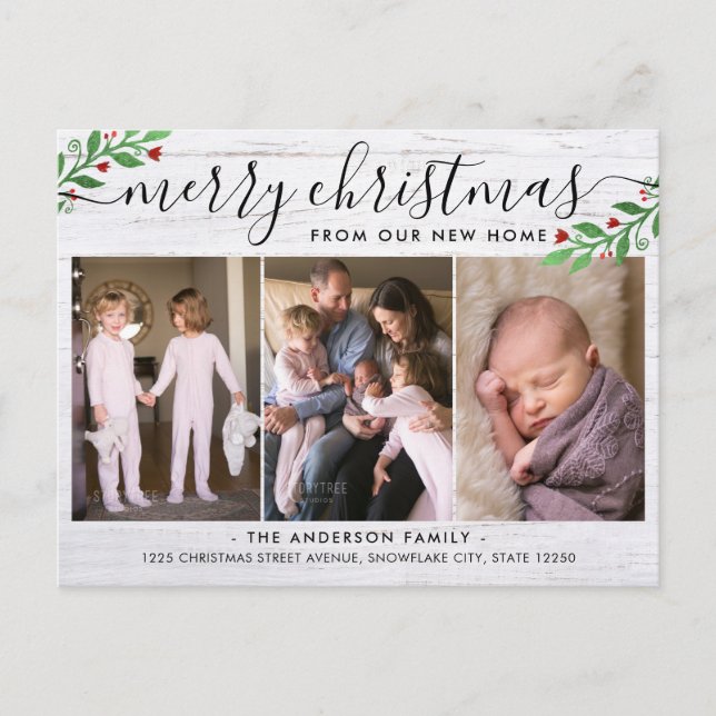 Rustik Trä God Jul 3 Foto Högtidlig Flytt Meddelande Vykort (Framsida)