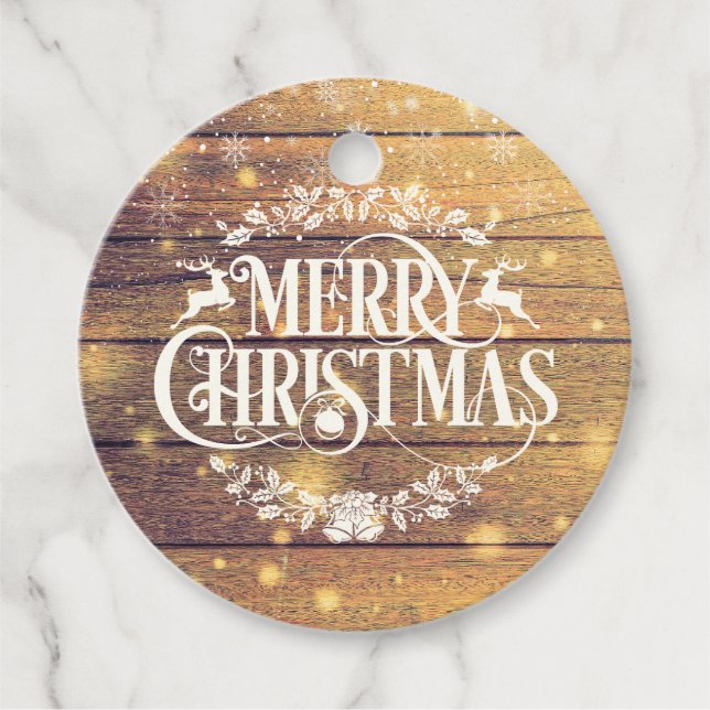 Rustik Trä God Jul Snöflingor Gåvor Etiketter (Framsida)