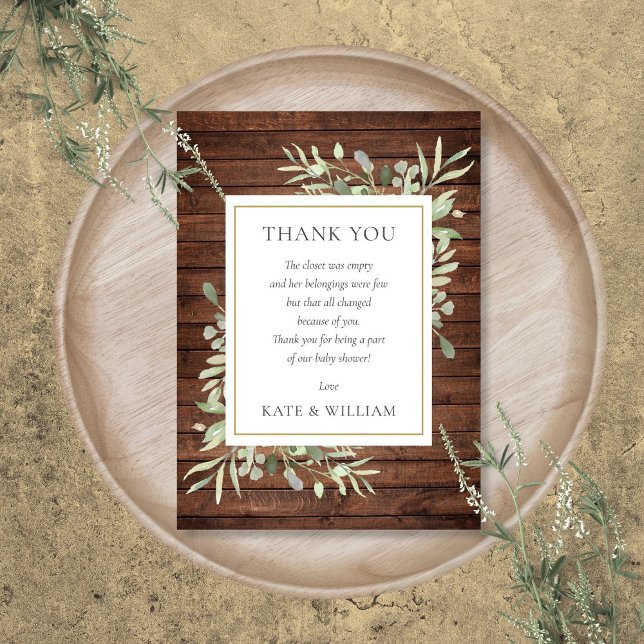 Rustik Trä Grönska Barnkalas Dikt Tack Kort (Rustic Wood Greenery Baby Shower Poem Thank You Card)