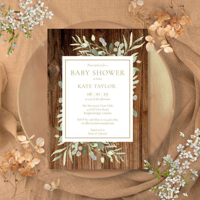 Rustik Trä Grönska Blommig Bebis Shower Inbjudningar (Rustic Wood Greenery Floral Baby Shower Invitation)