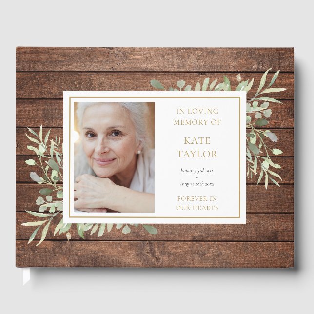 Rustik Trä Grönska Kärleksfull Minnes Foto Begravn Gästböcker (Framsida)