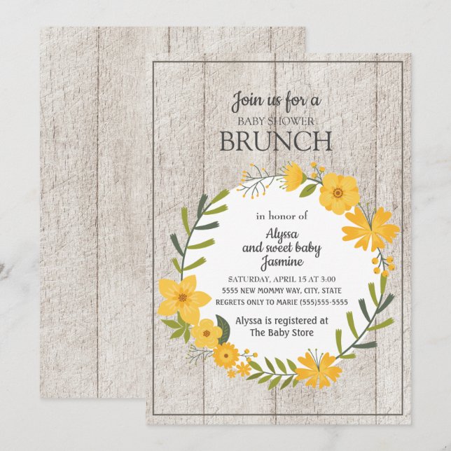 Rustik trä gul blomster baby shower brunch inbjudningar (Fram/baksida)