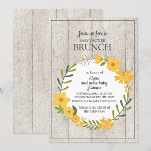 Rustik trä gul blomster baby shower brunch inbjudningar