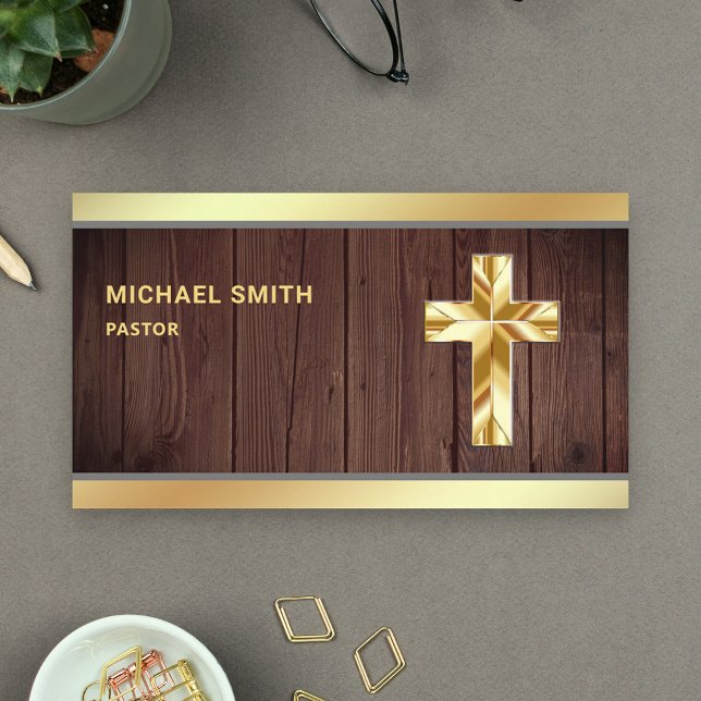 Rustik Trä Guld Folie Jesus Kristus Kors Pastor Visitkort (Skapare uppladdad)