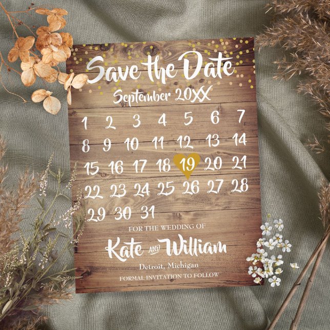 Rustik Trä Guld Kärlek Hjälp Kalender Spara Datum Meddelande Vykort (Skapare uppladdad)