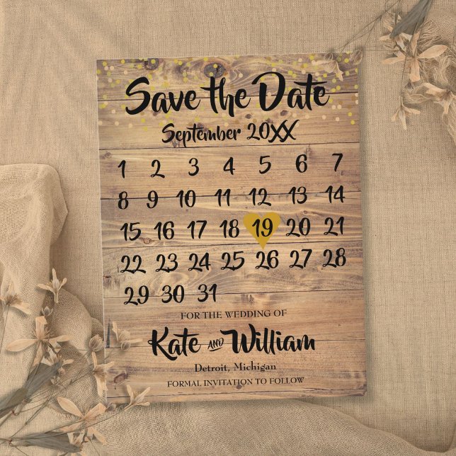 Rustik Trä Guld Kärlek Hjälp Kalender Spara Datum Meddelande Vykort (Rustic Wood Gold Love Heart Calendar Save the Date Announcement Postcard)