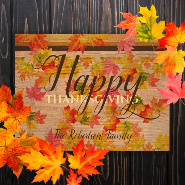 Rustik Trä Höstblad Familj Thanksgiving Vykort (Skapare uppladdad)